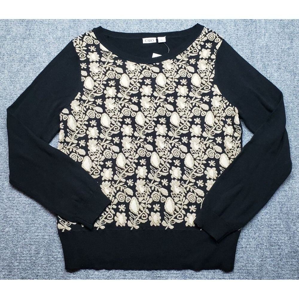 Cato Sweater Womens L Black Ivory Floral Round Neck Long Sleeve Pullover New